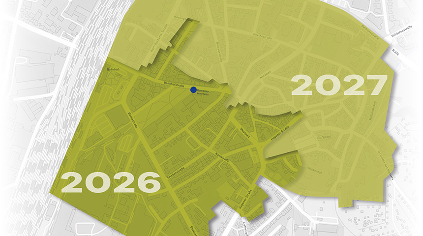 Eine Stadtkarte von Schwerte mit zwei grün markierten Stadtgebieten und den Zahlen 2026 und 2027.